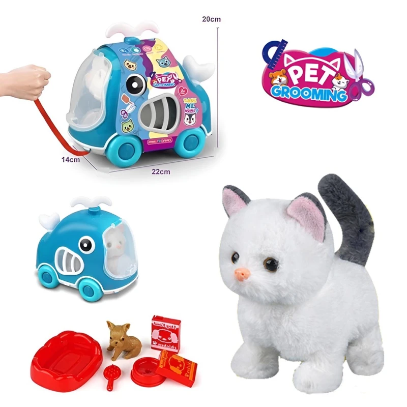 Interactive Electric Plush Cat Toy with Whale Carrier & Leash Accessories – Walking & Sound Realistic Cat, Assorted Colors, Ages 2+