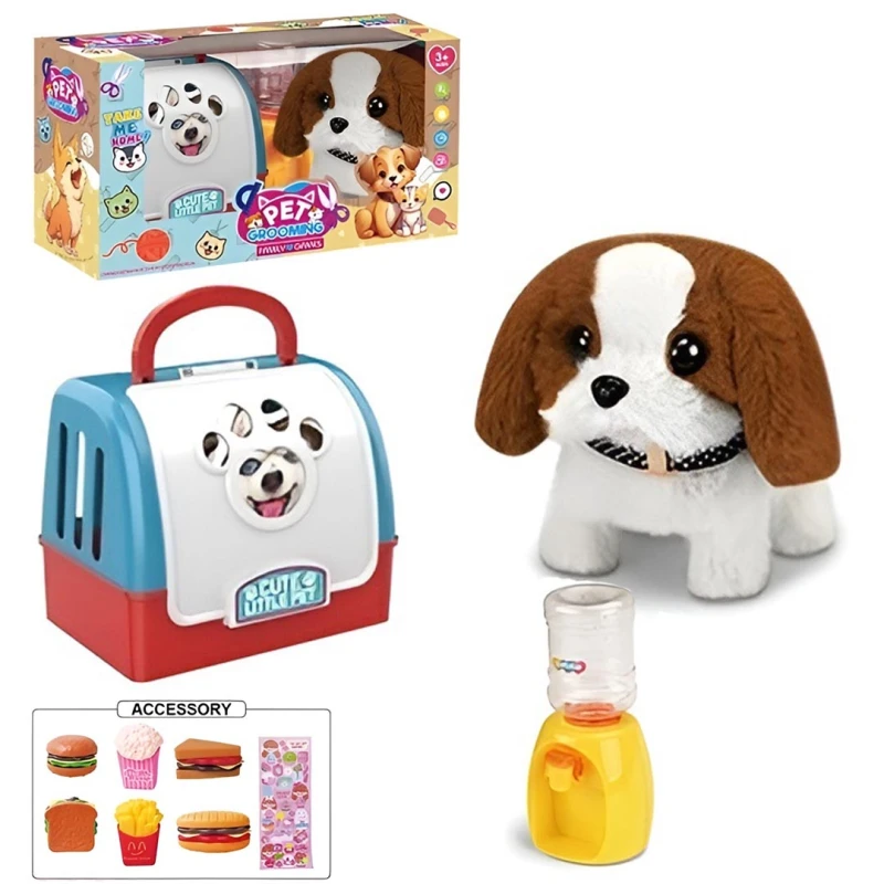 Interactive Plush Pet Toy with Portable Cage, Water Dispenser & Accessories – Walking & Sound Realistic Puppy, Assorted Colors, Ages 2+