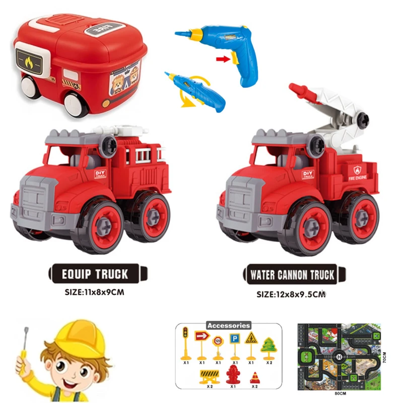 DIY Construction & Fire Truck Toy Set – 2 Vehicles with Electric Screwdriver, Road Mat & Traffic Signs, Educational Building Kit for Kids 3+