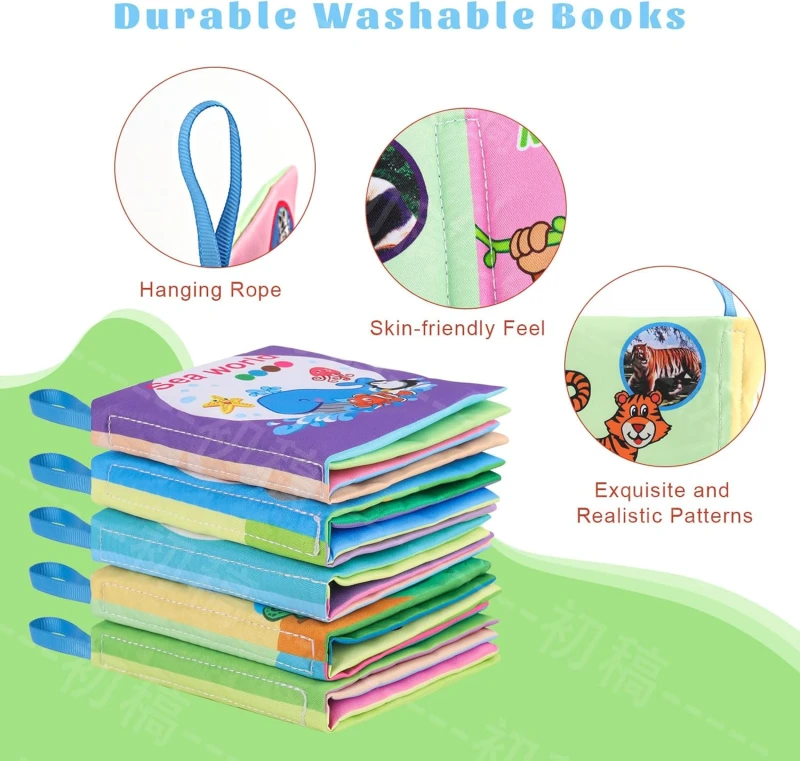 6PCS Baby Bath Books – Animals, Fruits, Vegetables, Transportation, Space, Sea & Western Food – Waterproof, Soft Fabric, Crinkle Sounds, Educational for Toddlers 6M+
