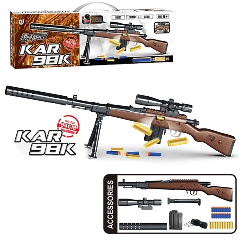Kar98K Soft Bullet Toy Rifle 85 cm with Shell Ejection, 1:1 Realistic Bolt Action Sniper Gun with Scope & Bipod, Foam Dart Blaster for Kids Age 6+