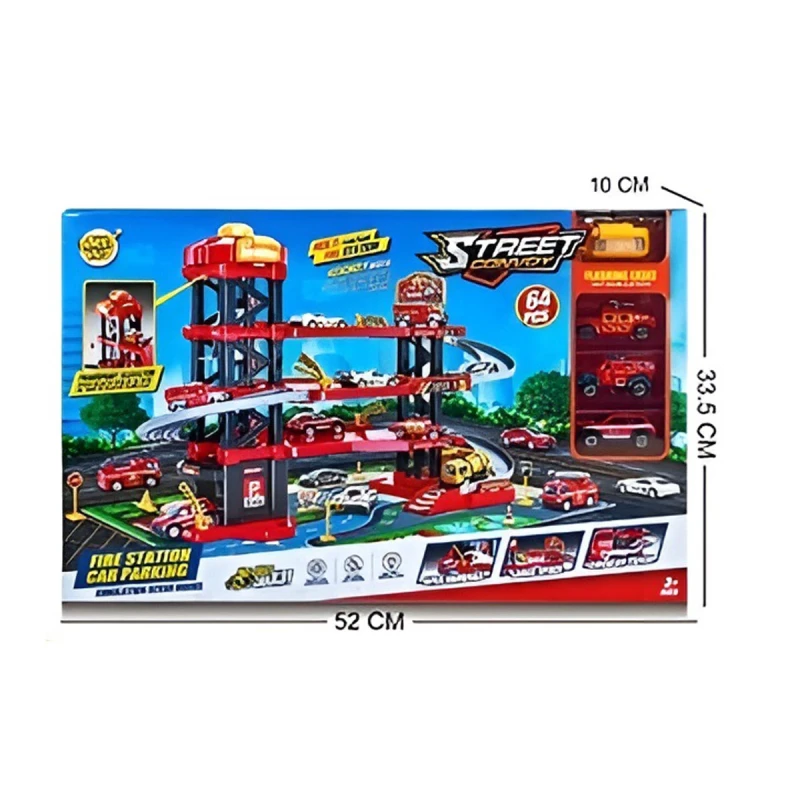 Fire Truck Parking Garage Toy with Lift – 4-Storey City Ramp Track, Lights & Music, 3 Alloy Cars, 64 Pieces, Age 3+