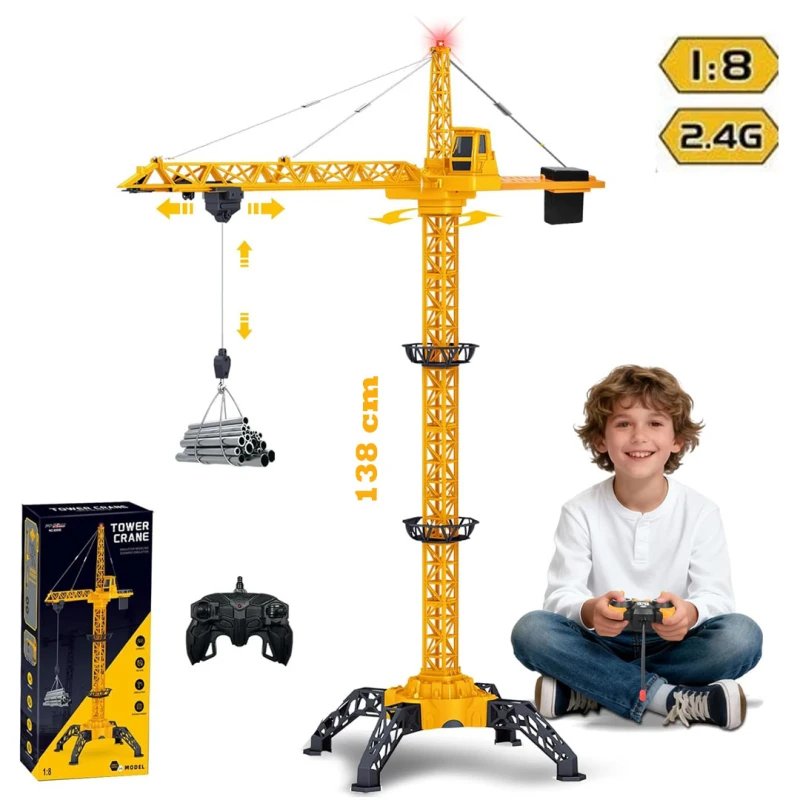 Jumbo Remote Control Tower Crane - 138 cm Tall, 6-Channel 2.4GHz RC Construction Crane with 680° Rotation & Lights, Age 3+