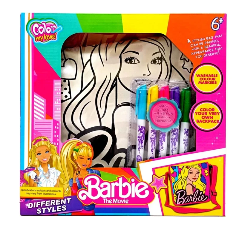 Barbie Coloring Bag for Kids with 5 Marker Pens – Washable & Recolorable Drawing Bag for Girls (3+)