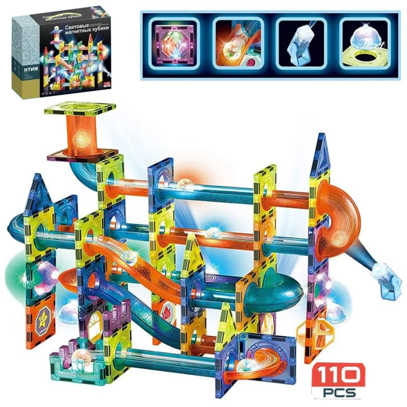Lighting Magnetic Building Blocks 110pcs & Marble Run Set – STEM Montessori Educational Toy for Kids Age 3+ (Russian Version)