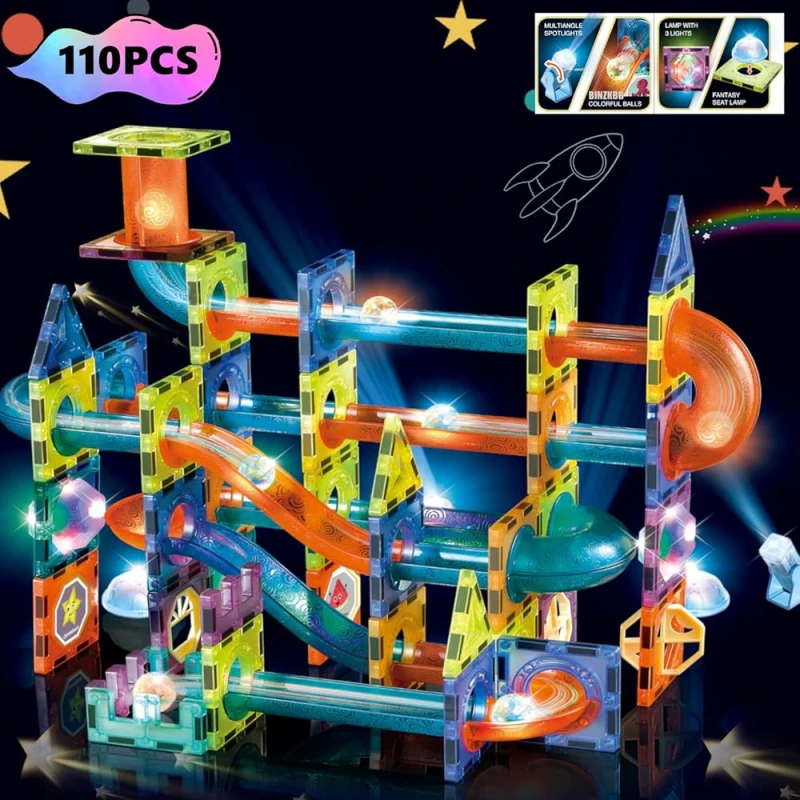 Lighting Magnetic Building Blocks 110pcs & Marble Run Set – STEM Montessori Educational Toy for Kids Age 3+ (Russian Version)