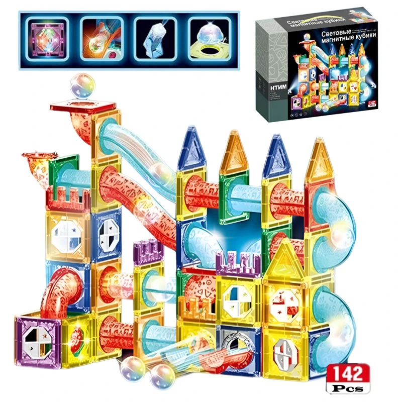 Lighting Magnetic Building Blocks 142pcs & Marble Run Set – STEM Montessori Educational Toy for Kids Age 3+ (Russian Version)