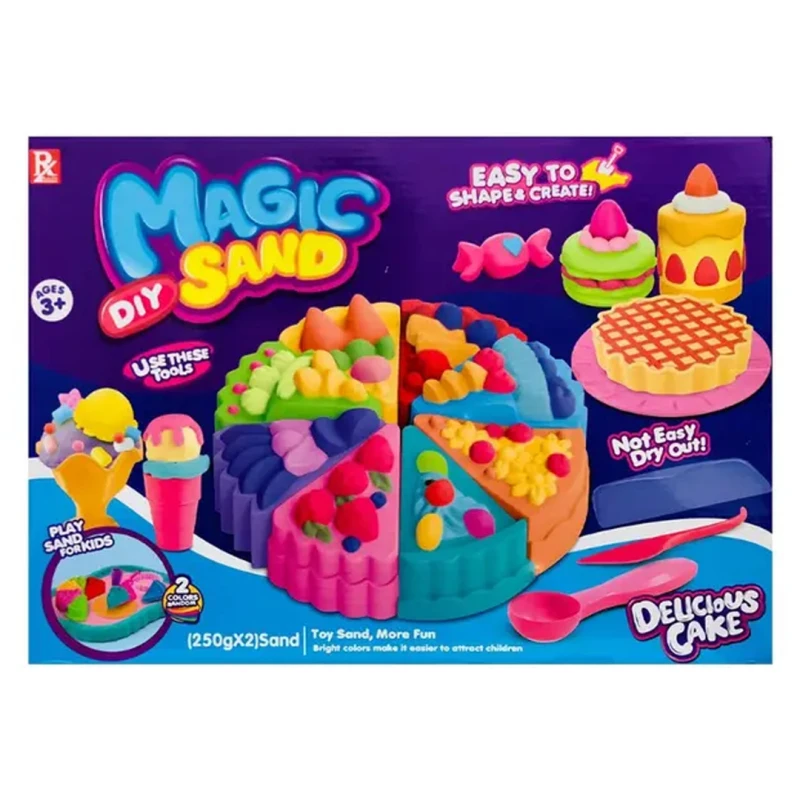 Magic Sand Delicious Cake Set – Kinetic Non-Toxic Sand with Cake & Ice Cream Molds, 2 Colors (500g), 18 Pieces, Creative DIY Play Kit for Kids 3+