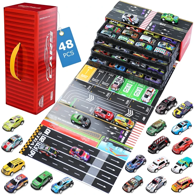 48PCS Pull Back Alloy Car Set for Kids - Mini Metal Racing Cars with Storage Box & Play Map - Toy Vehicles for Ages 3+