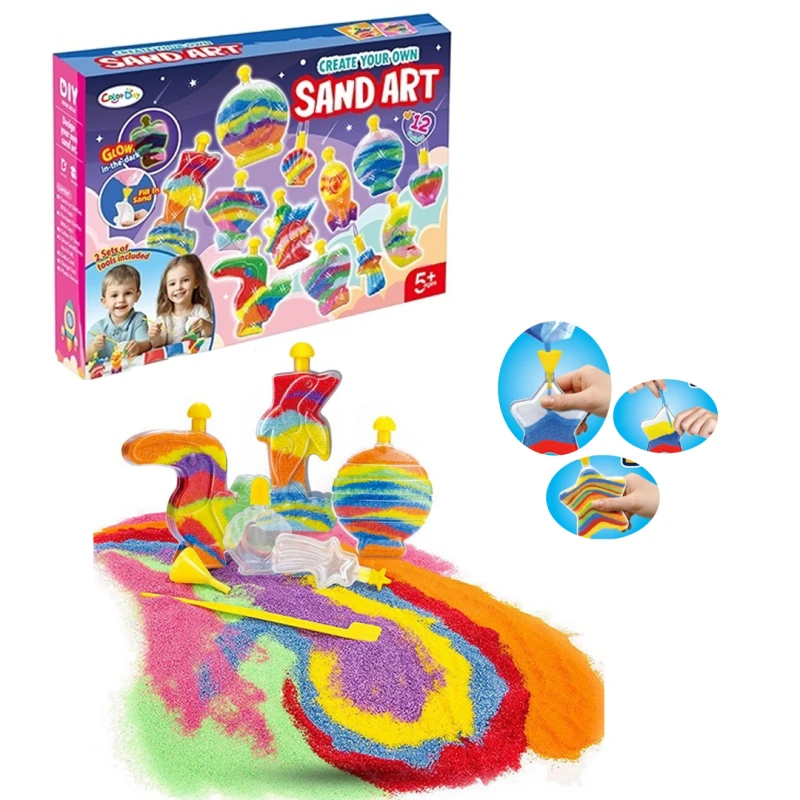 Glow in the Dark Sand Art Kit for Kids 12 Clear Shape Bottles with 10 Sand Colors Including Fluorescent Sand Creative DIY Activity for Ages 5+