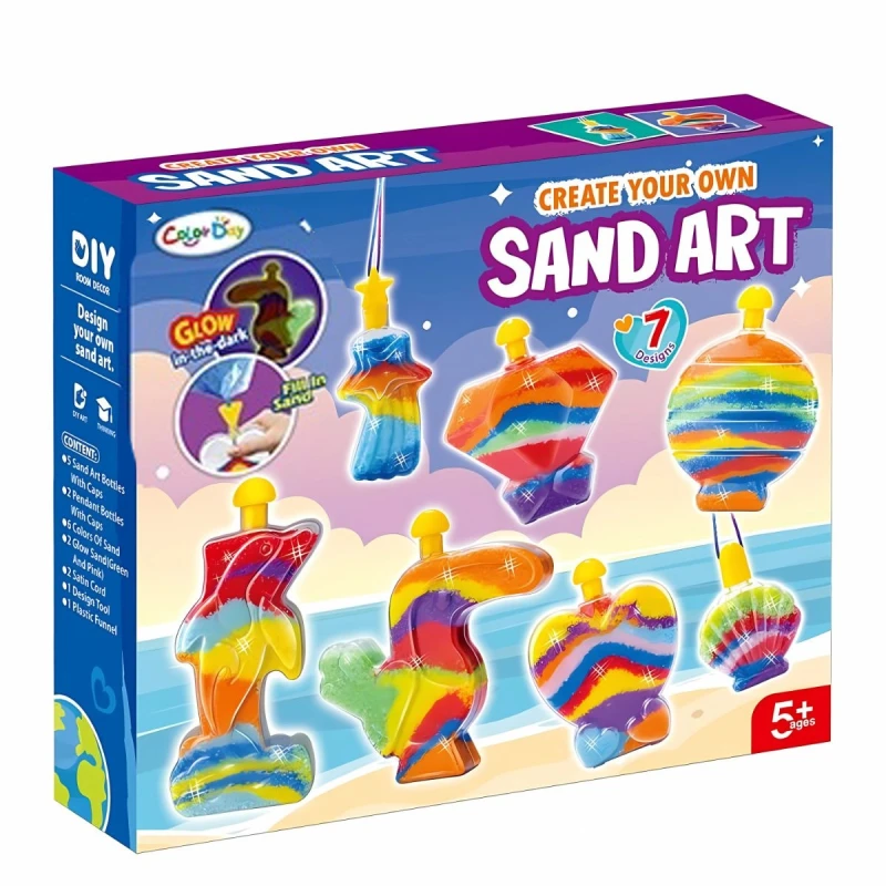 Glow in the Dark Sand Art Kit for Kids 7 Clear Shape Bottles with 8 Sand Colors Including Fluorescent Sand Creative DIY Activity for Ages 5+