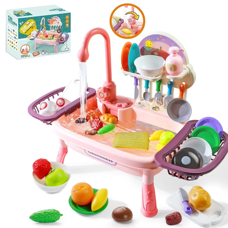 Dishwasher Play Sink for Kids with Running Water - Electric Rotatable Faucet - Interactive & Educational Kitchen Role-Play Set -Suitable for Ages 3+