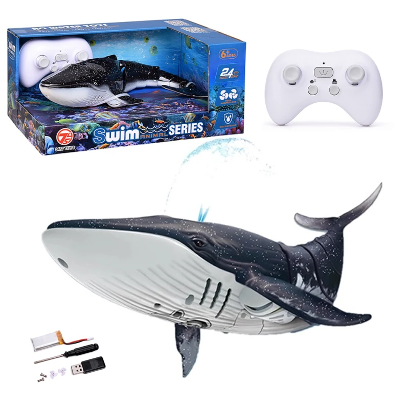 2.4GHz Remote Control Whale Shark Toys for Kids, 1:18 High Simulation RC Whale with Light & Water Spray, Dual Motors, Waterproof Remote, Rechargeable Electric Shark for Pool - Ages 6+