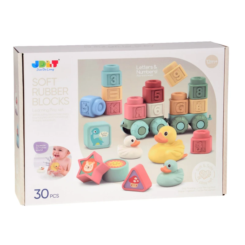 Soft Pastel Rubber Blocks with Cute Ducks - 30 Piece Set for Children Ages 18 Months and Up
