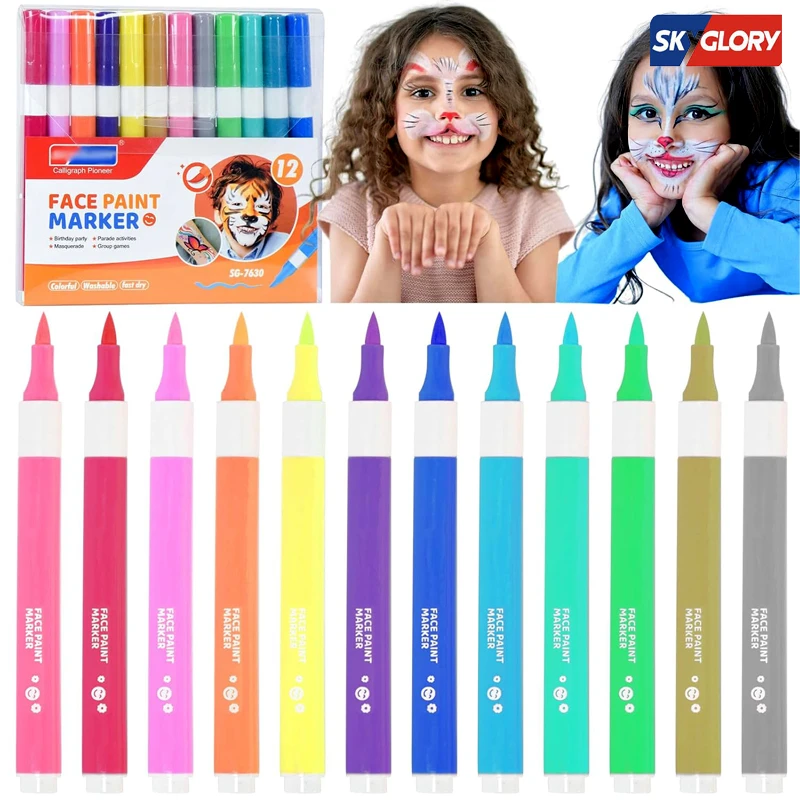 Face Painting Marker, 12 Colors Face Paint Set Washable Acrylic Paint Pens Temporary Tattoo Markers for Skin Brush Tip Art Pen for Body (SG-7630)