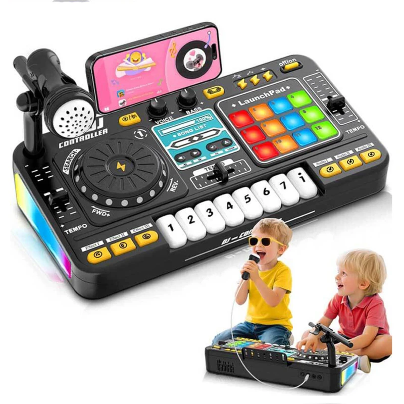 Kids DJ Mixer & Controller with Adjustable Microphone, LED Lights, Bluetooth & Programming Mode – Black