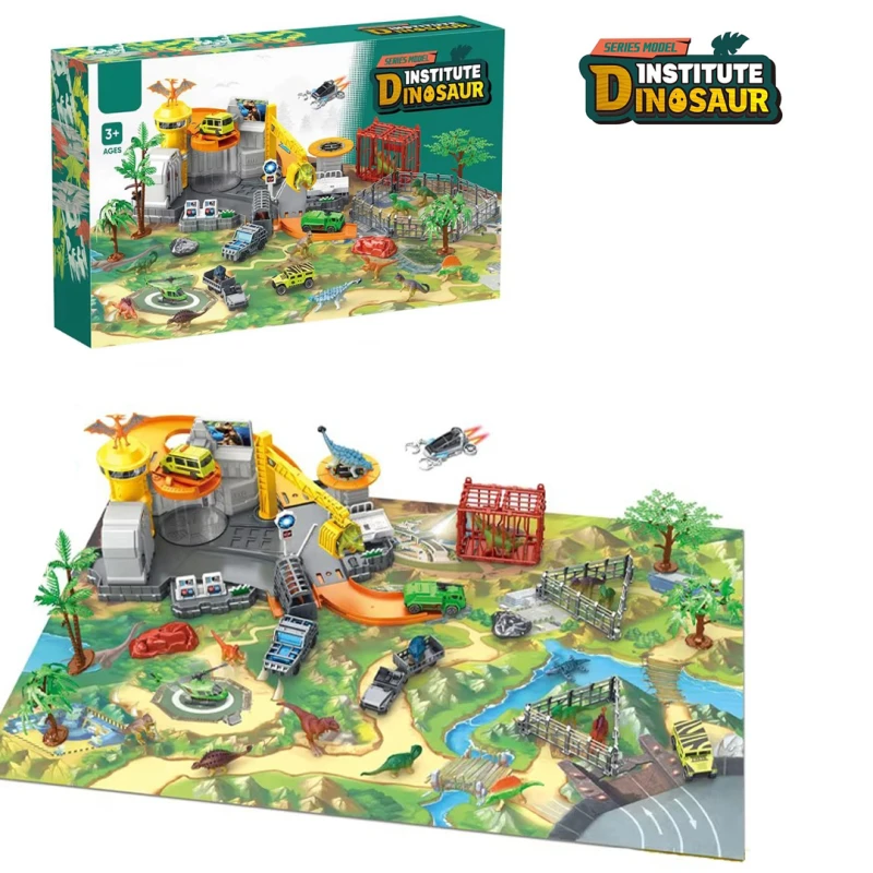 Dinosaur Institute Dinosaur Play set Mat Large Play Mat Includes 6 mini dinosaurs, 2 Toy Cars -Ages 3+