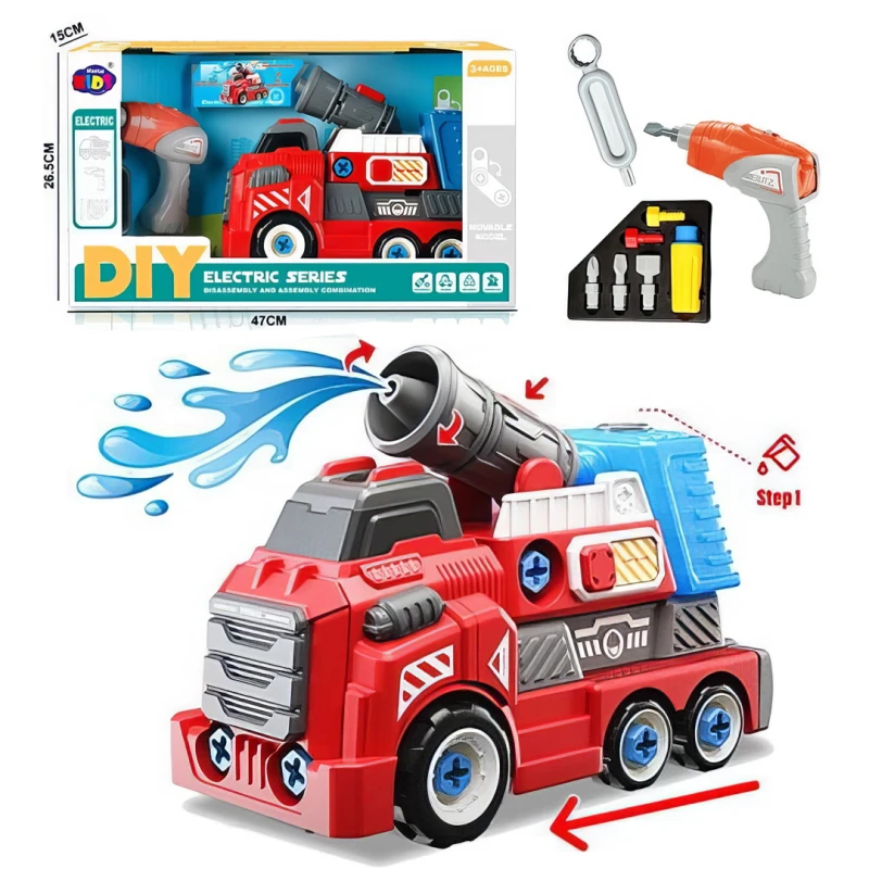Large Take Apart Fire Rescue Vehicles with Electric Drill Set Assembly Toy ًWith Water cannon that sprays water – Ages 3+