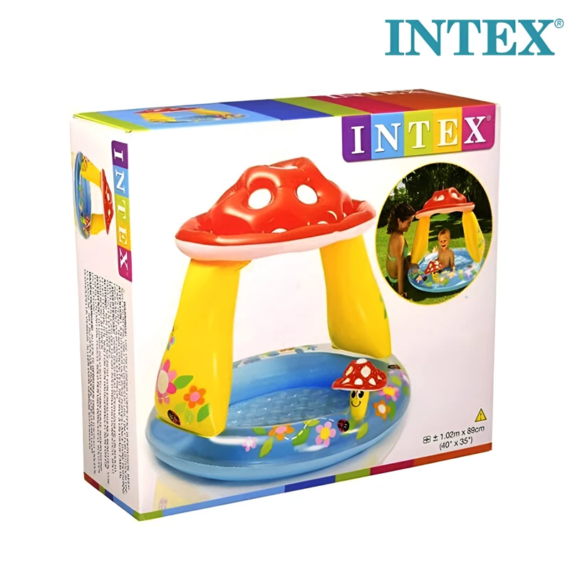 Intex Mushroom Inflatable Baby Pool with Sunshade & Inflatable Soft Floor 102×89 cm – Safe & Comfortable Pool for Ages 1–3