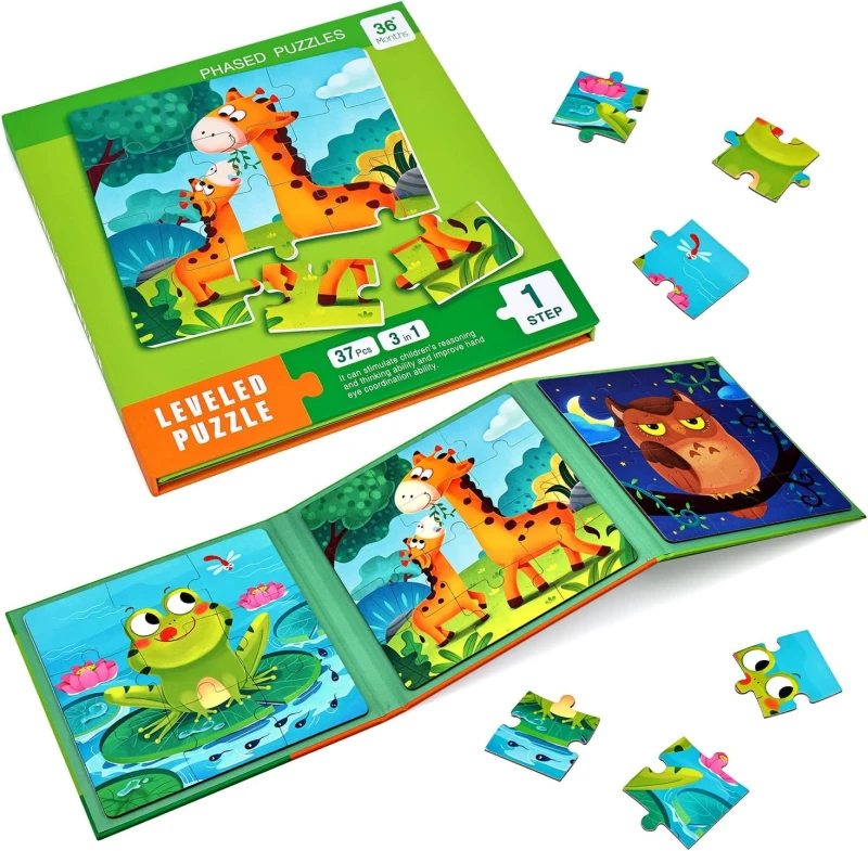LEVELED PUZZLE – 3 In 1 Phased Magnetic Animal Puzzle - 37 Pcs Preschool STEM Learning - Suitable for Ages 3 Years & Up (Step 1 A)