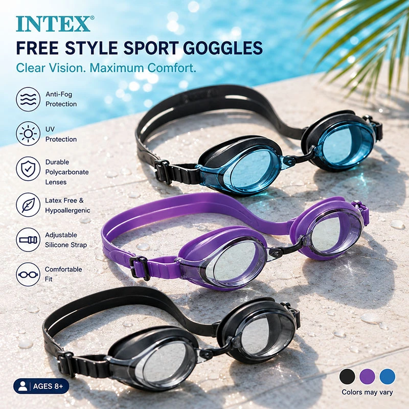 INTEX Sport Racing Goggles – Anti-Fog Swimming Goggles with UV Protection – Assorted Colors – Suitable for Ages 8+