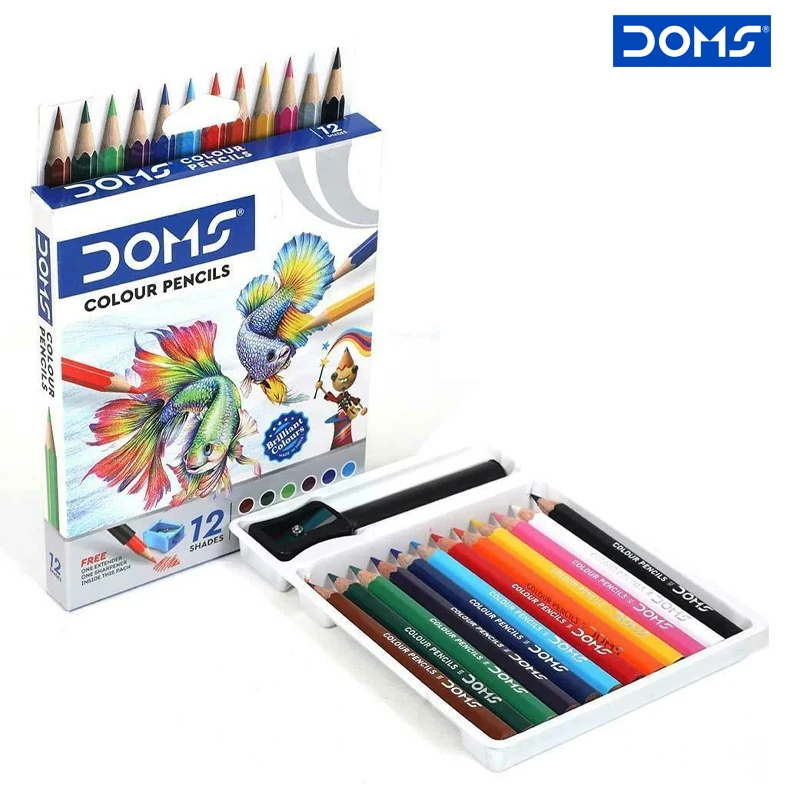 DOMS Wood Colour Pencils 12 Colors 8.5 cm LOng With Free Sharpener & Pencil extender (3443)