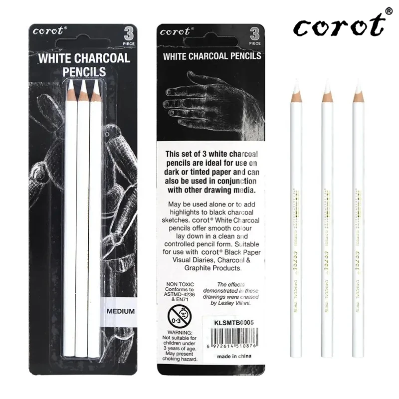 Corot White Charcoal Pencils MEDIUM Art Drawing Highlight Sketch Pencils for Highlight, Shading, Sketching on Dark Pack Of 3 Pencils (KLSMTB0005)