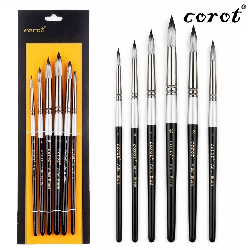 Corot Artist Paint Brush Set Of 6 Round Head Paint Brushes High Quality Nylon Bristles With Excellent Toughness (KLNHB0104)
