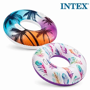 Intex Inflatable Swim Ring with Tropical Palm Tree or Colorful Feather Design and Handles – 97cm Diameter – Supports up to 80kg – Age 9+